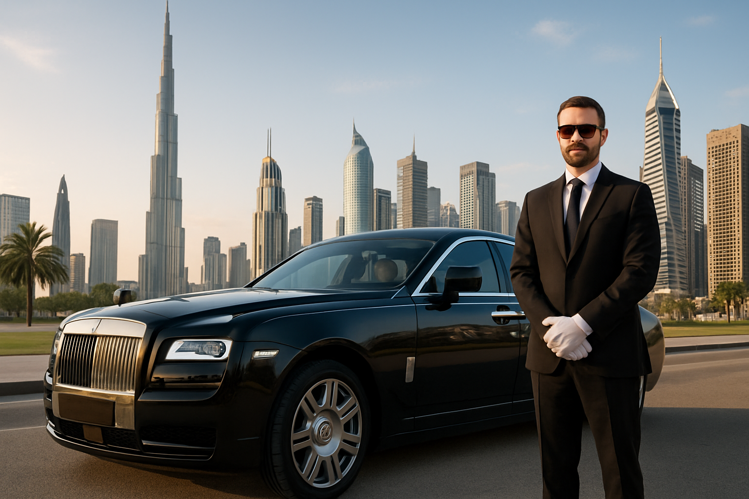 Luxury chauffeur-driven car in Dubai cityscape