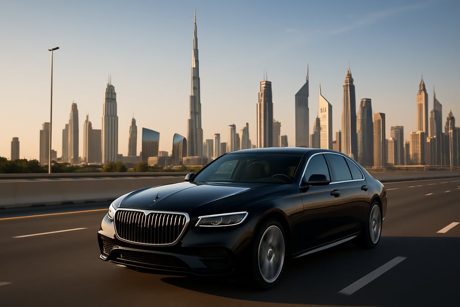 Luxury vehicle driving on a Dubai highway with city skyline in the background Luxury vehicle driving on a Dubai highway with city skyline in the background