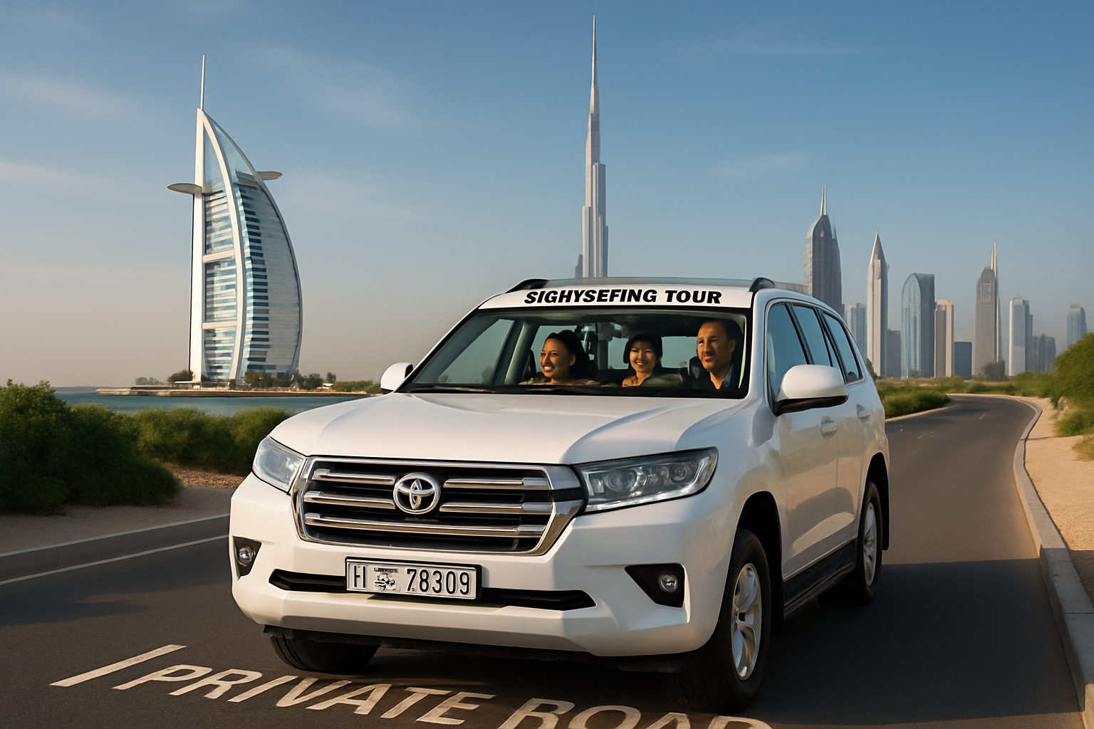 Private road travel sightseeing tour in front of Dubai landmarks